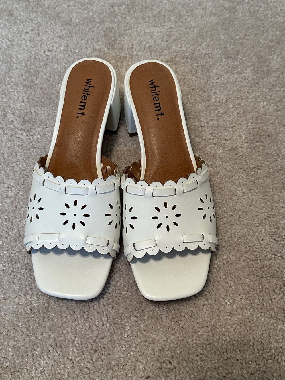 whitem*t White Scalloped Perforated Block Heel Mule